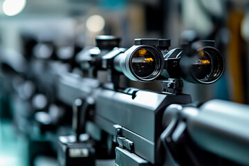 Fototapeta premium Close-up view of precision rifles with scope systems Generative AI