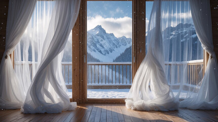 peaceful alpine retreat scene through floating curtain window in wooden cabin facing snow and ice covered mountain peak winter landscape nature winter landscape wallpaper background