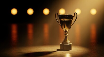 Golden trophy on pedestal with blurred lights and reflections award winner