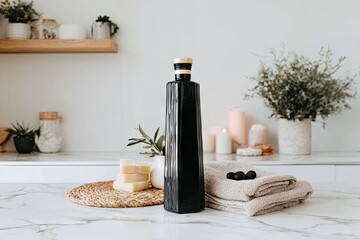 Naklejka premium Black bottle on marble countertop, spa-like setting