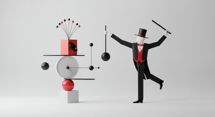 Mannequin Magician Balancing Geometric Shapes in Red and Black on Gray