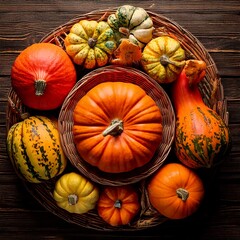 Colorful assortment of pumpkins and ornamental gourds arranged on rustic wooden table in autumn light