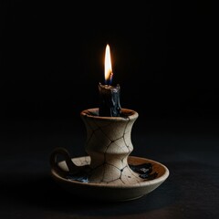 A Beautifully Crafted Candle Sitting in a Unique Holder Illuminating a Dark Space