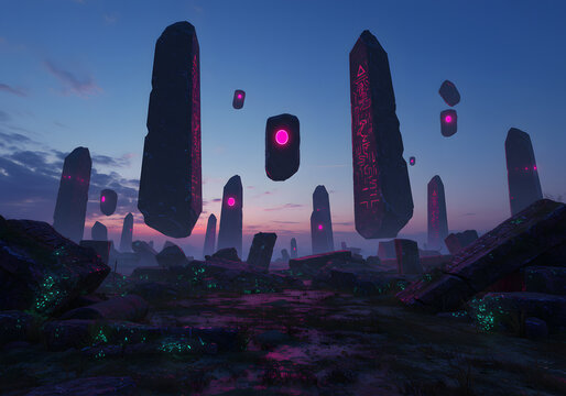 Otherworldly dawn landscape with floating pillars - Powered by Adobe
