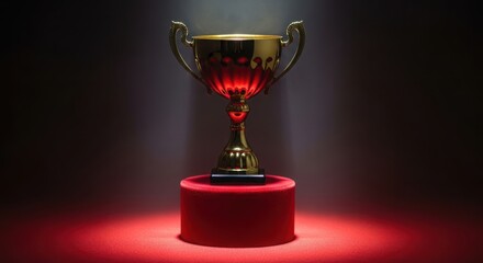 Golden trophy with red lighting on a velvet pedestal award winner