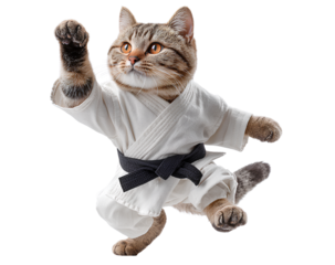 Karate cat in white gi uniform doing fighting pose isolated on transparent background