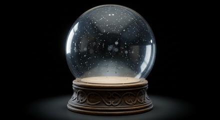 Snow Globe with Wooden Base on Dark Background, Transparent Sphere
