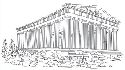 Fototapeta premium Greek Temple Outline Drawing, Ancient Architecture, Black and White, Educational Resource