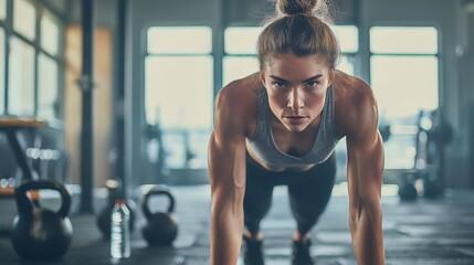 A fit woman in her late 20s performing deadlifts with focused expression in gym
