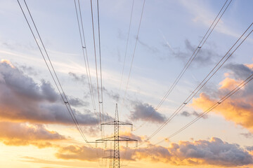 Transmission lines and sky. Clean energy. Renewable technology