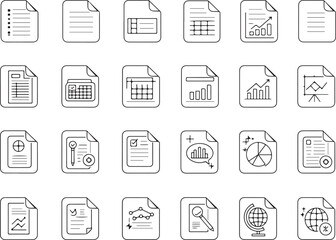 Document icon set, business analytics and productivity graphics, data and report symbols for apps, infographics, tutorials, web, packaging, posters, and branding