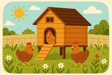 Fototapeta premium Chickens outside wooden coop in sunny field with flowers 
