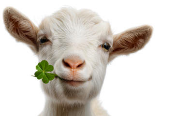 cute white baby goat head eating clover and super positive face expression; portrait isolated over white (transparent) background