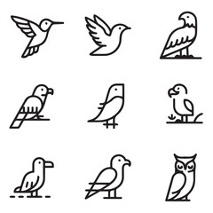 Obraz premium A collection of nine distinct bird icons in a simple black outline style, showcasing various avian species