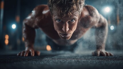 A crossfit athlete performing burpees in a gritty gym setting with high detail