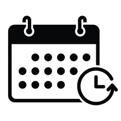 Black Calendar Schedule Icon – Vector Illustration with Clock for Time Management and Planning