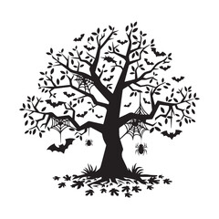  A black line art illustration of a haunted tree with bats and spiders hanging from the branches.