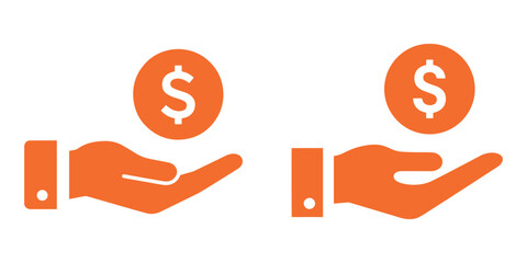 Investment Icon Set – Orange Vector of Hand Holding Dollar Coin Symbol for Finance and Business