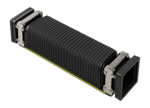 Flexible corridor connection with visible metal hinges