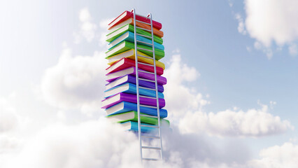 Naklejka premium Colorful hardback books stacked rise above the clouds