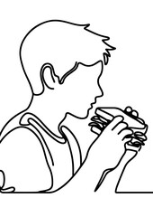 Minimalist line drawing of young caucasian male eating sandwich