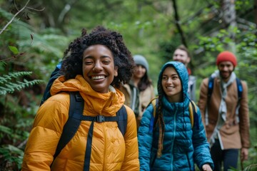 A joyful group of friends, equipped with backpacks, share laughter and camaraderie outdoors, suggesting a pleasant hike or adventure in nature.