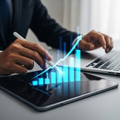 Business professional analyzing financial growth chart on digital tablet with laptop in background