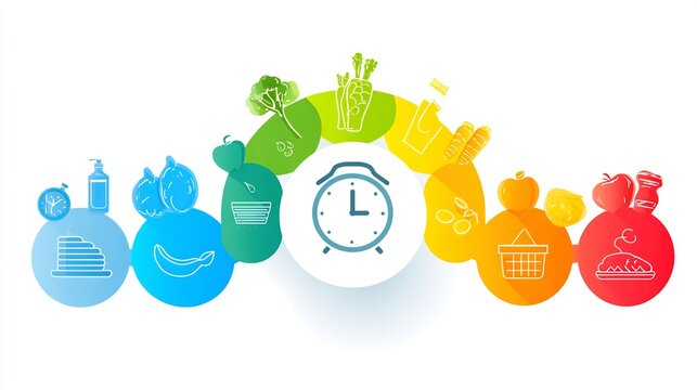 Colorful Illustration of Food Waste Reduction Cycle with Time Management Tools