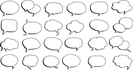 Fototapeta premium Illustration of multiple white speech bubbles with black outlines on a white background