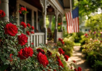 Fototapeta premium Lush red roses bloom vibrantly in a summer garden, framing a charming house with an American flag waving gently in the background.