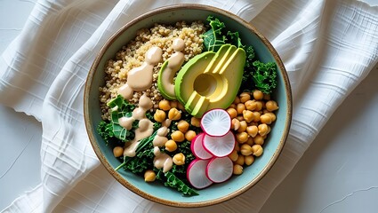 Vibrant and healthy plant-based quinoa bowl with fresh avocado, chickpeas, and kale, topped with a creamy dressing