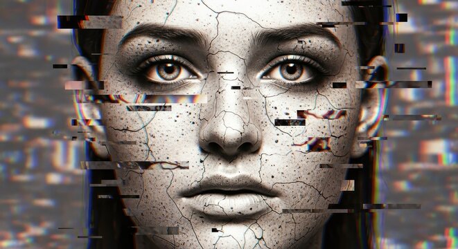 Fragmented face portrait glitch effect digital art - Powered by Adobe