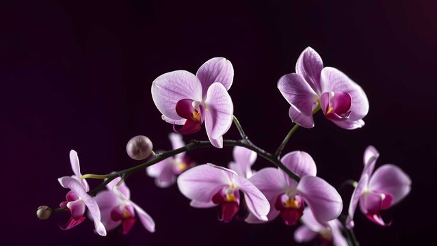 Close-up of pink and white orchid blossoms on a stem, glowing softly against a dark purple gradient background. Elegant, calming, and vibrant floral design.