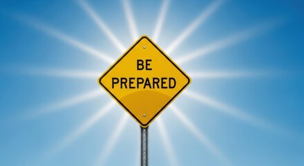 Be Prepared diamond road sign against a bright sunburst sky, conveying readiness and foresight