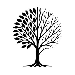 Obraz premium Stylized Half-Leaf, Half-Bare Tree Silhouette Vector - Nature's Cycle
