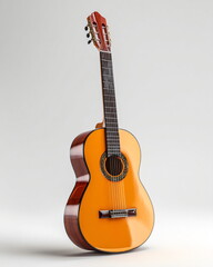 classic acoustic guitar standing upright, isolated white background