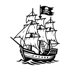 Classic Pirate Ship with Jolly Roger Flag Silhouette Vector Illustration