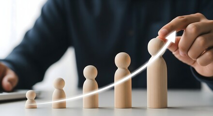 A conceptual representation of business expansion or human resource development, showing a progression of individuals reaching higher levels, guided by a positive trend line.