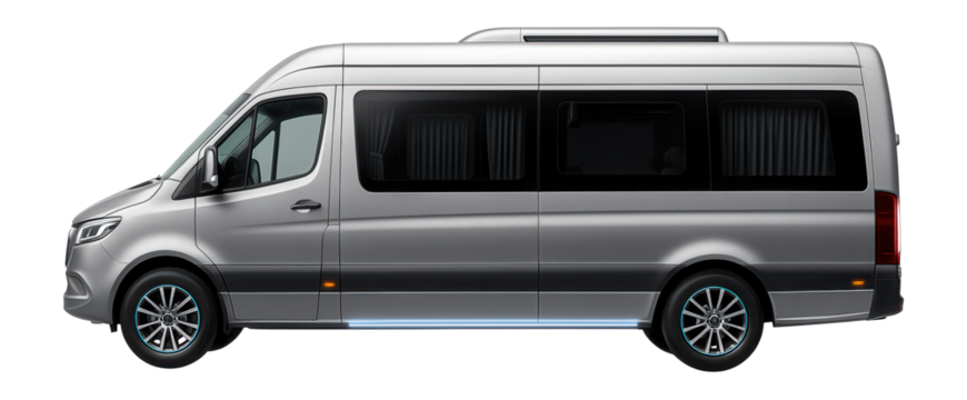 Luxury executive minibus with privacy curtains and onboard entertainment system