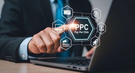 conceptually represents the multifaceted nature of PPC advertising and digital marketing strategies, showing a user engaged with technology to optimize campaigns.