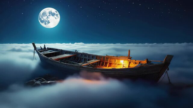 Abandoned wooden boat floating above moonlit night clouds in surreal sky