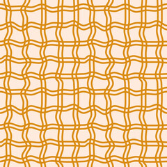 Seamless pattern of thin curved checkered lines on a beige background. Twisted checkered wavy texture. Vector illustration