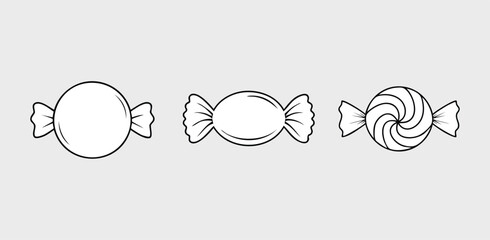 Three wrapped candy icons vector in a row simple black outline design