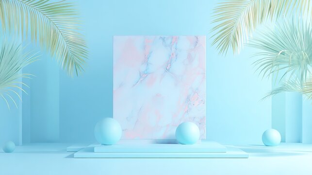 Tropical Themed Display with Marble Texture and Palm Leaves for Product Presentation