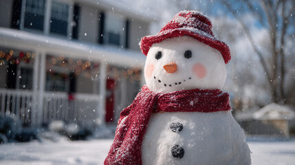 Cheerful snowman with red hat and scarf standing in snowy yard near house creating classic winter scene for holiday celebration
