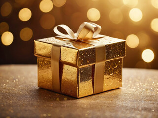 Gilded Gift Box With Ribbon And Bokeh Lights present gold