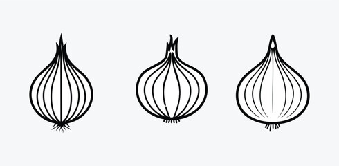 Three stylized onions in a row with varying line thickness and detail