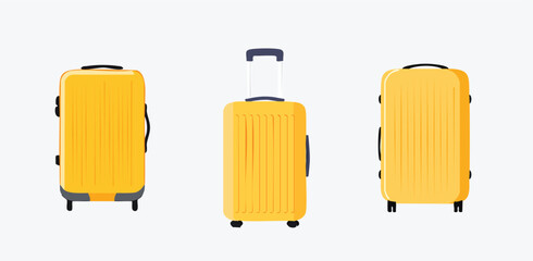 Three yellow suitcases in different positions on a white background