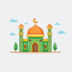 Cartoon Mosque Illustration with Crescent Moon and Trees on White Background