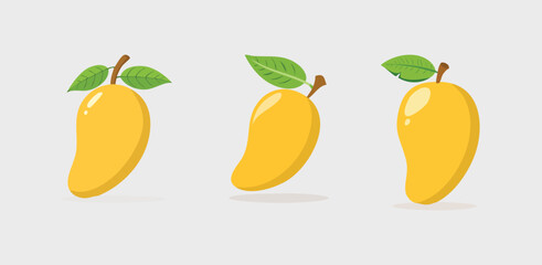 Three Yellow Mangoes With Green Leaves on a Light Background